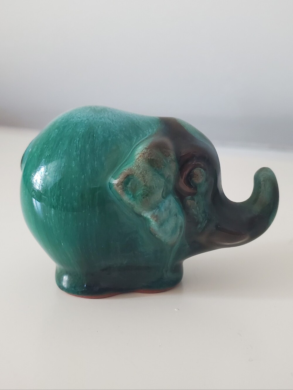 Vintage Blue Mountain Pottery Elephant Figurine BMP Green Drip Glaze Mini